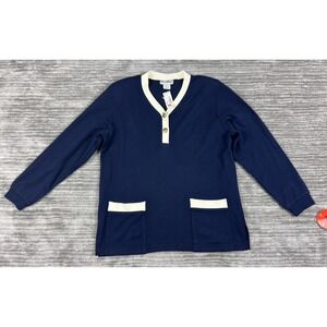 Eccobay Pullover Womens Medium Navy Blue Cream V-Neck Button Front Pocket Top